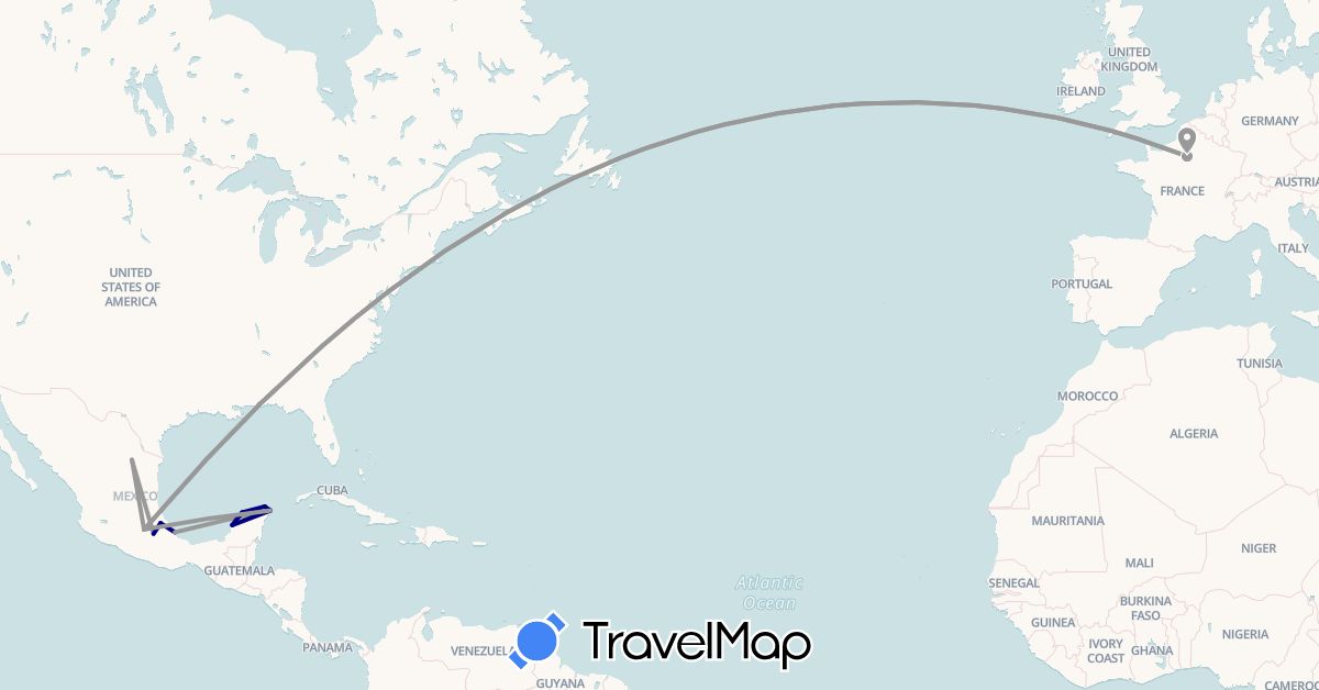 TravelMap itinerary: driving, plane in France, Mexico (Europe, North America)